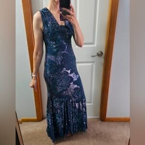 Vintage Jenny Packham Blue Sequin Beaded Evening Gown Small